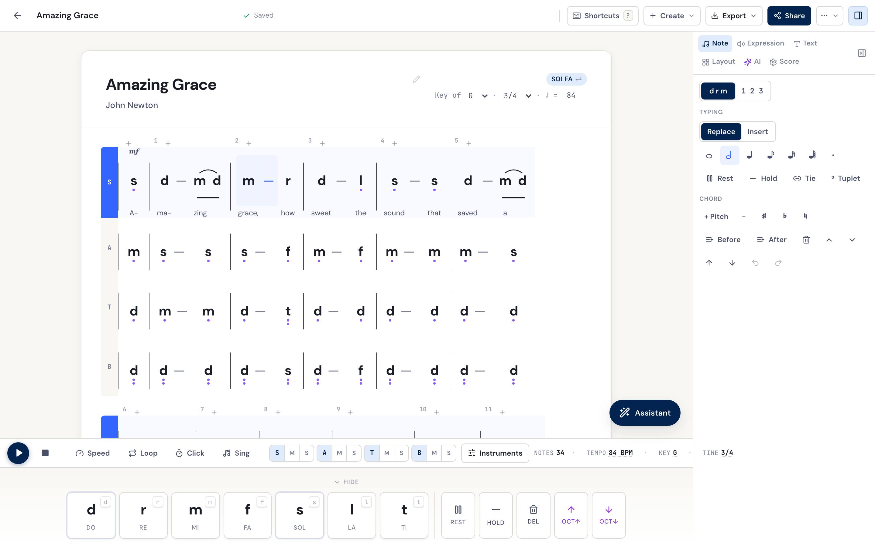 The DomiSol editor with Amazing Grace in four parts — soprano, alto, tenor and bass with the words under the melody — switching between tonic solfa and jianpu, with the note tools open on the right and the keyboard along the bottom.