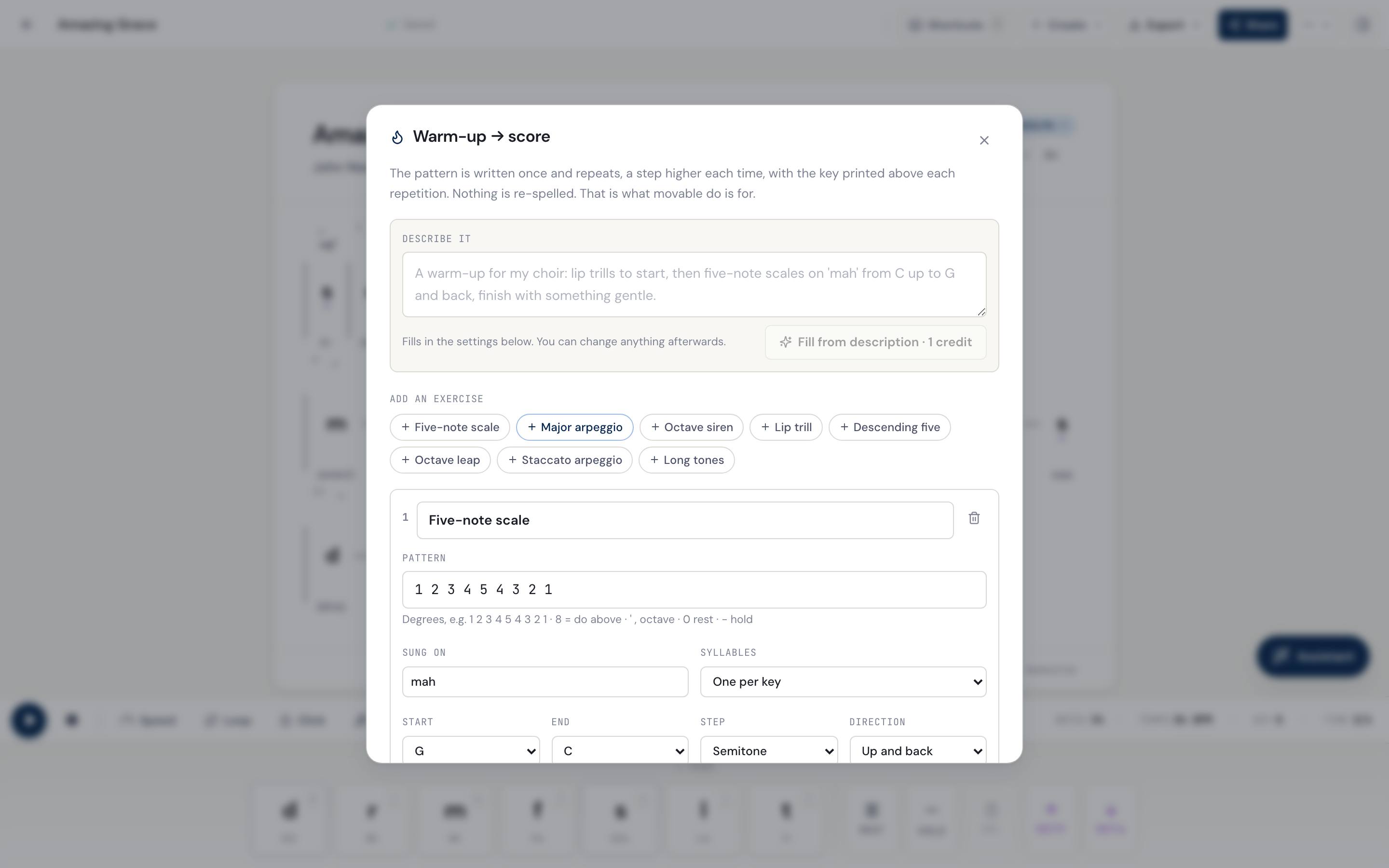 DomiSol's warm-up builder: a box to describe the warm-up in a sentence, a row of preset exercises, and the two exercises chosen from them listed with their settings.
