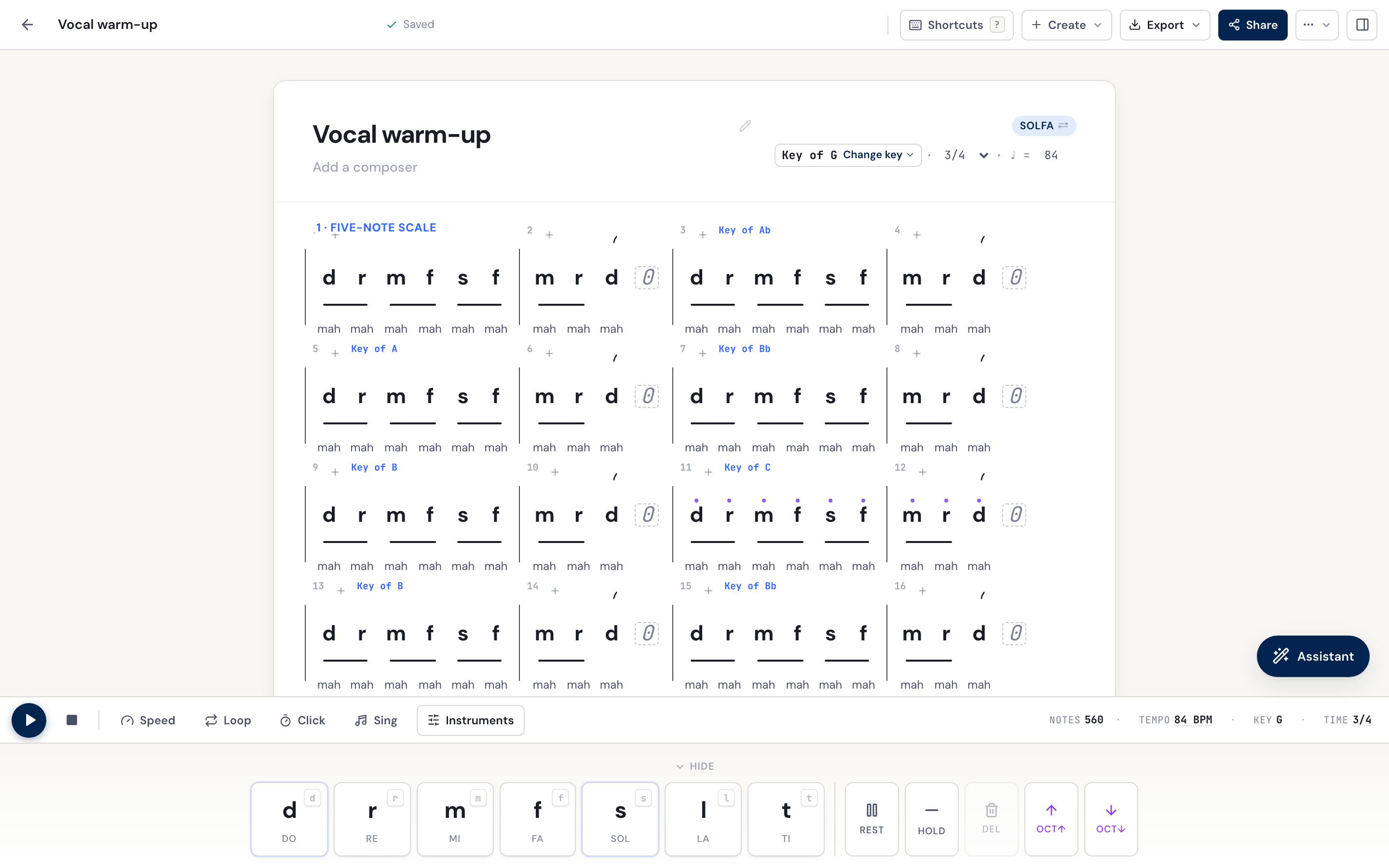 A warm-up written out as a score in the DomiSol editor: the same short exercise repeated, with a new key marked above each repetition.