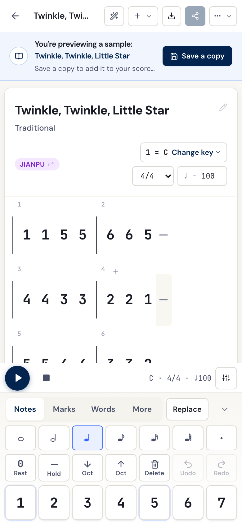 The DomiSol editor on a phone: the score above, the play bar, and the note-entry dock along the bottom, with Notes, Marks, Words and More above the note lengths, Rest, Hold, the octave keys, Delete, Undo, Redo and the pitch keys.
