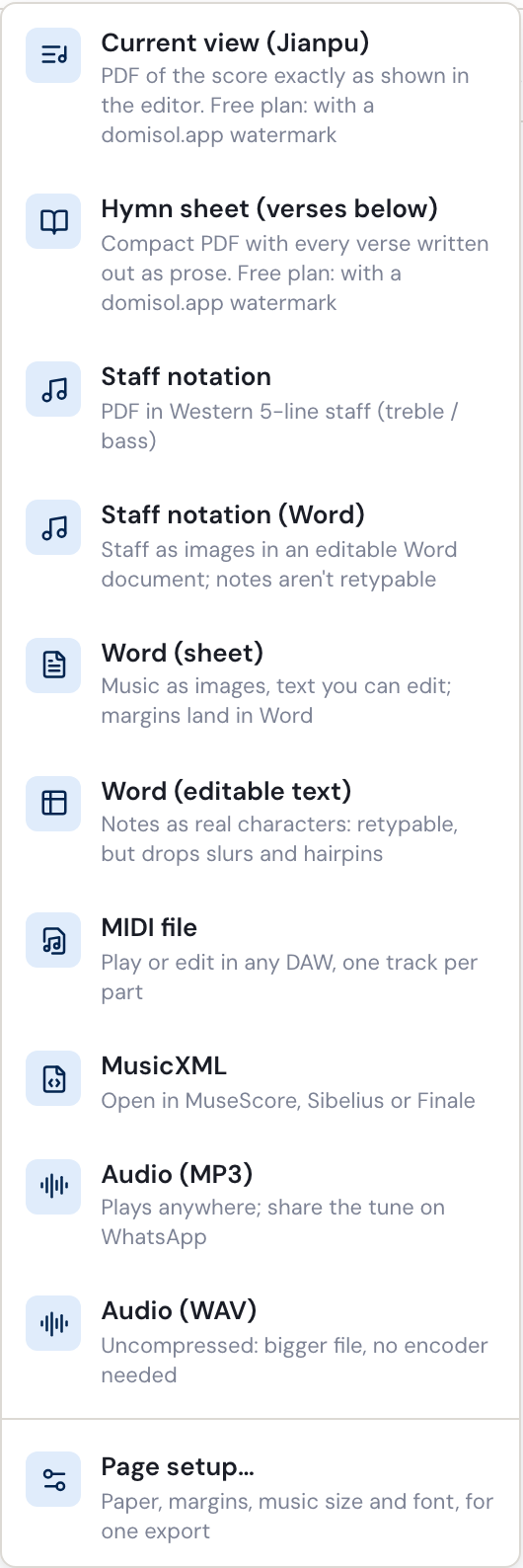 The Export menu open with its ten formats — the current view as a PDF, a hymn sheet with the verses below, staff notation as a PDF or a Word document, Word as a sheet or as editable text, MIDI, MusicXML, and MP3 or WAV audio — and Page setup below them.