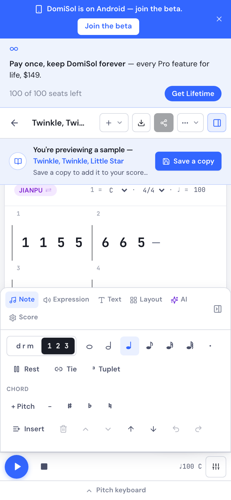 The DomiSol editor on a phone: the score above, the tools panel, and the pitch keyboard along the bottom.