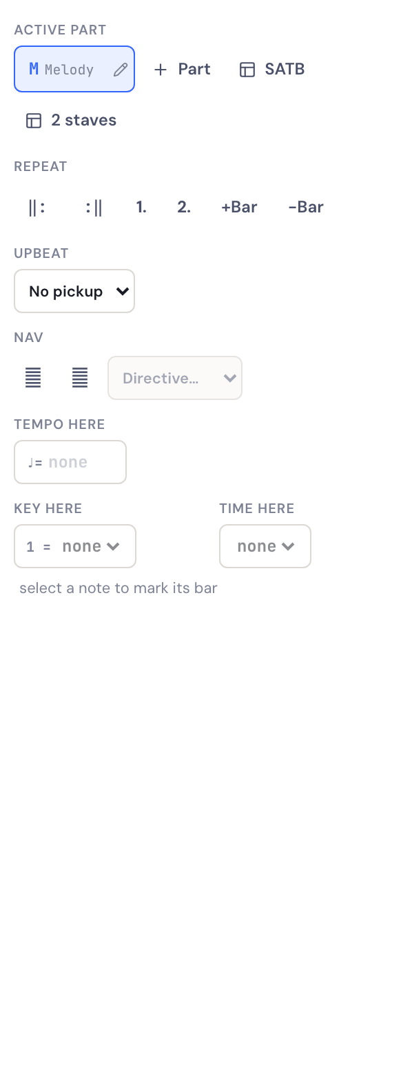 The Layout tab of the DomiSol tools panel, showing the Upbeat setting for a pickup bar alongside the repeat, bar and navigation controls.